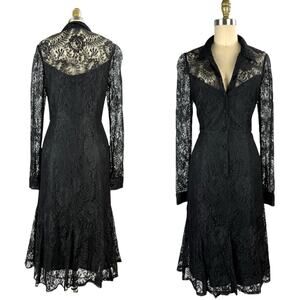 Vintage 90's CARMEN MARC VALVO black lace witchy A-line midi dress